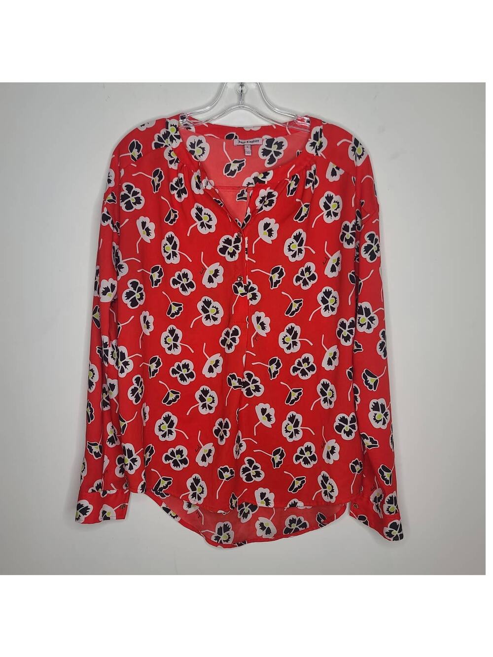 Juicy Couture red black white floral long sleeve popover blouse shirt - small